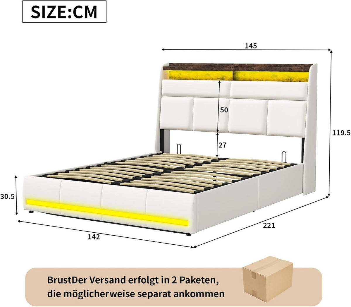 POLSTERBETT LED Stauraum Weiß 140/200 cm - Weiß, Holzwerkstoff - Kaket