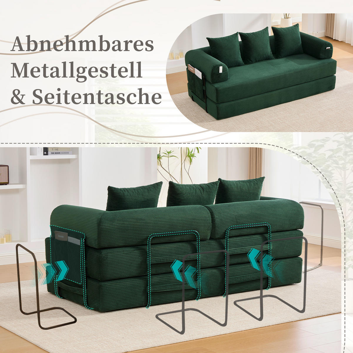 SCHLAFSOFA, Modulares Tagesbett mit Metallgestell, Klappbares Bodensofa Cordstoff, Grün - Grün, Textil (94/67/200cm) - LVHOM