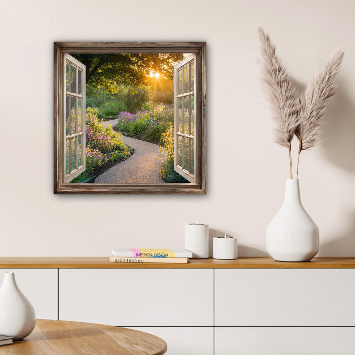 LEINWANDBILD Aussicht - Blumen - Natur - Sonne - Weg 50x50 cm - Hellgelb, Textil (50/50cm) - MuchoWow