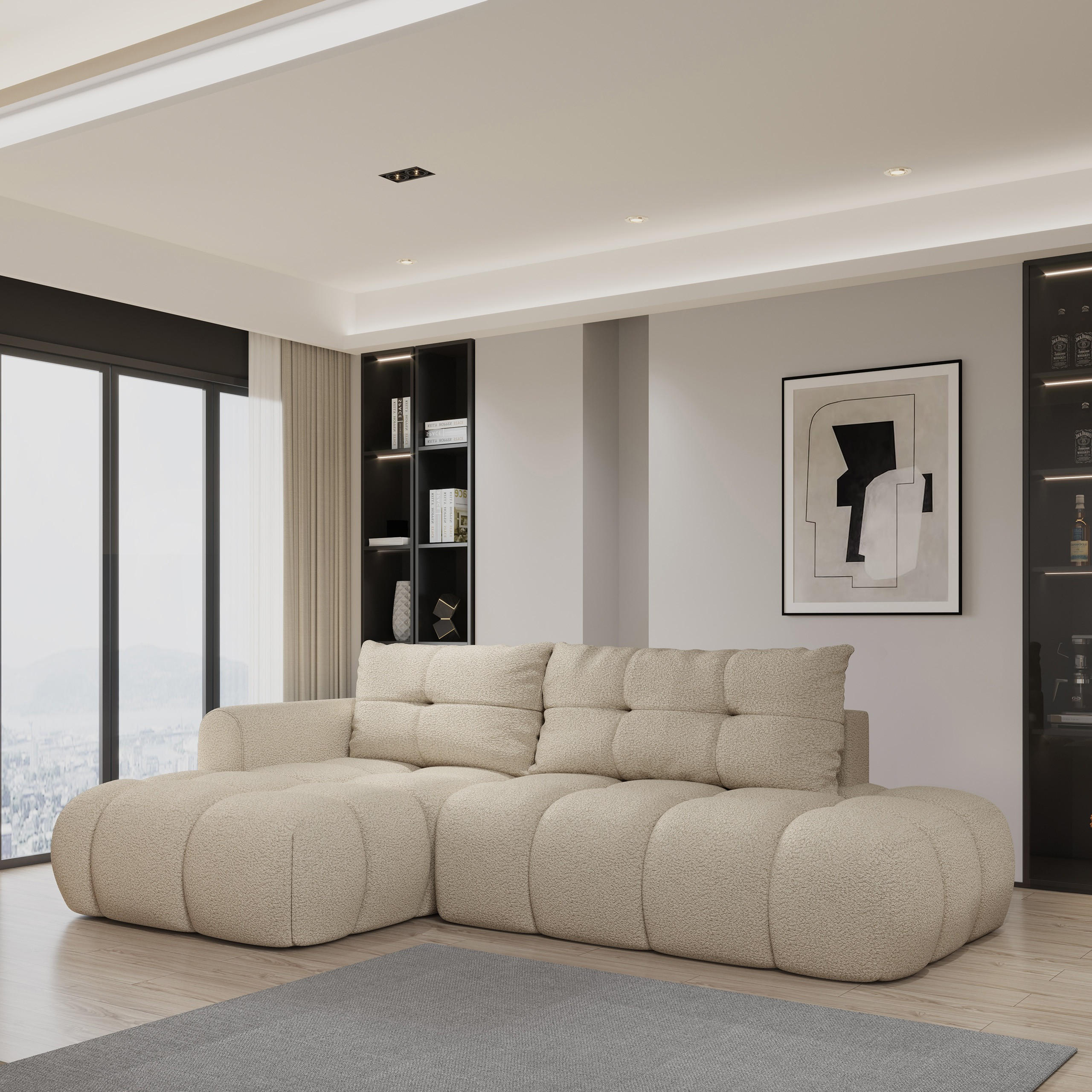 ECKSOFA FLUMA L-S Beige Boucle-Stoff mit Schlaffunktion - Beige, Holz (274/165cm) - MASSENO