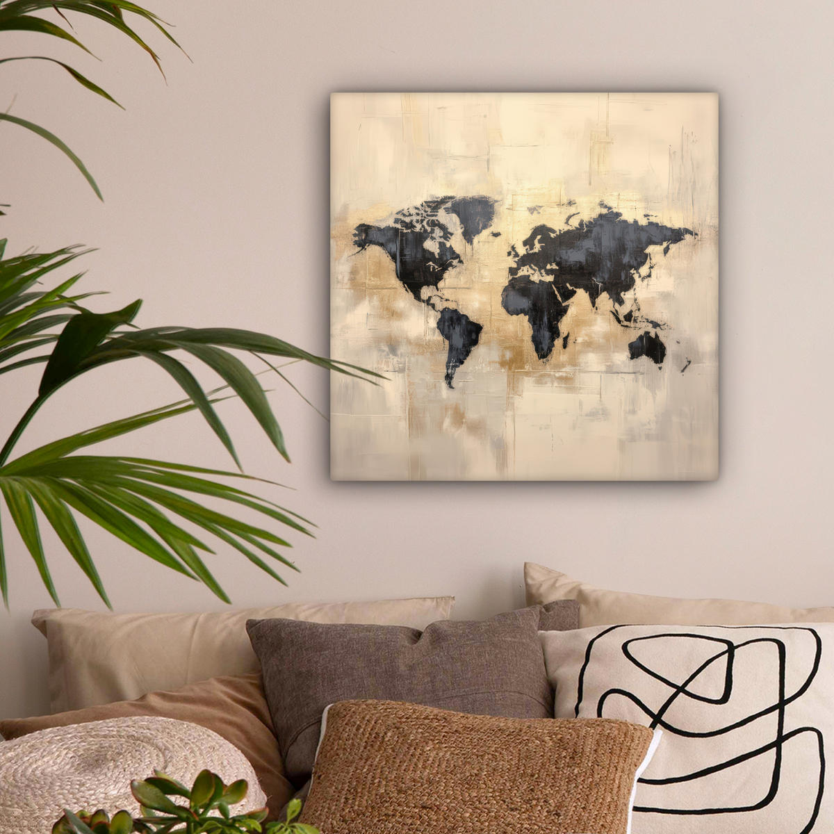 LEINWANDBILD Weltkarte - Gold - Schwarz - Abstrakt Wandbild Wohnzimmer 50x50 cm - Kupferfarben, Textil (50/50cm) - MuchoWow