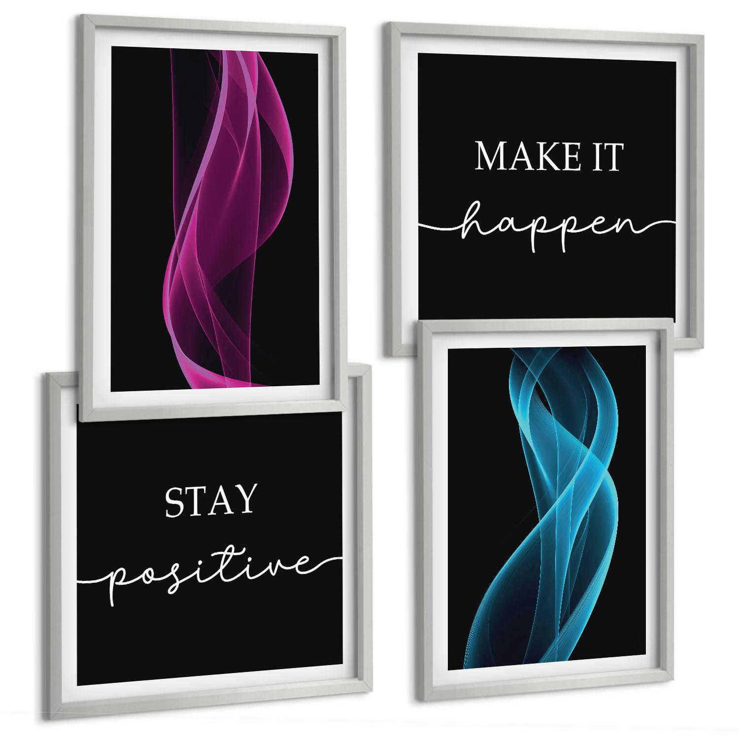 BILDER SET 4er Set - 50x50 cm & 40x60 cm Silberner Rahmen - Neonlinienwellen im Hintergrund - Silberfarben, Kunststoff (50/50cm) - TULUP