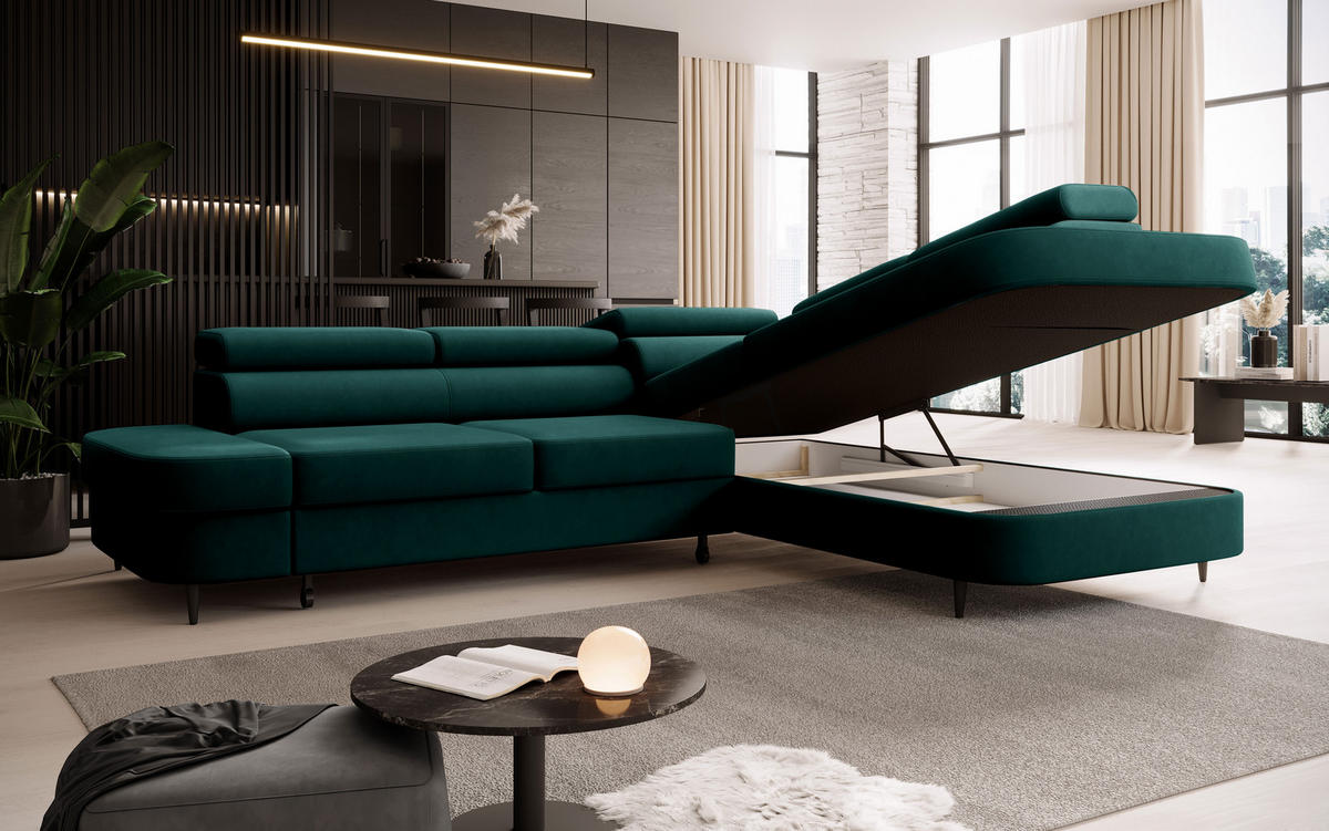 ECKSOFA Priam L-Form mit Schlaffunktion und Stauraum Modern Form Grün - Dunkelgrün, Holz/Textil (275/203cm) - Muffo