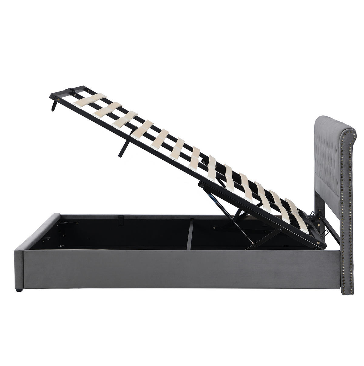 POLSTERBETT 140/200 cm mit hydraulischem Bettkasten, Nieten-Design, Samt Grau - Grau, Textil (140/200cm) - Redom