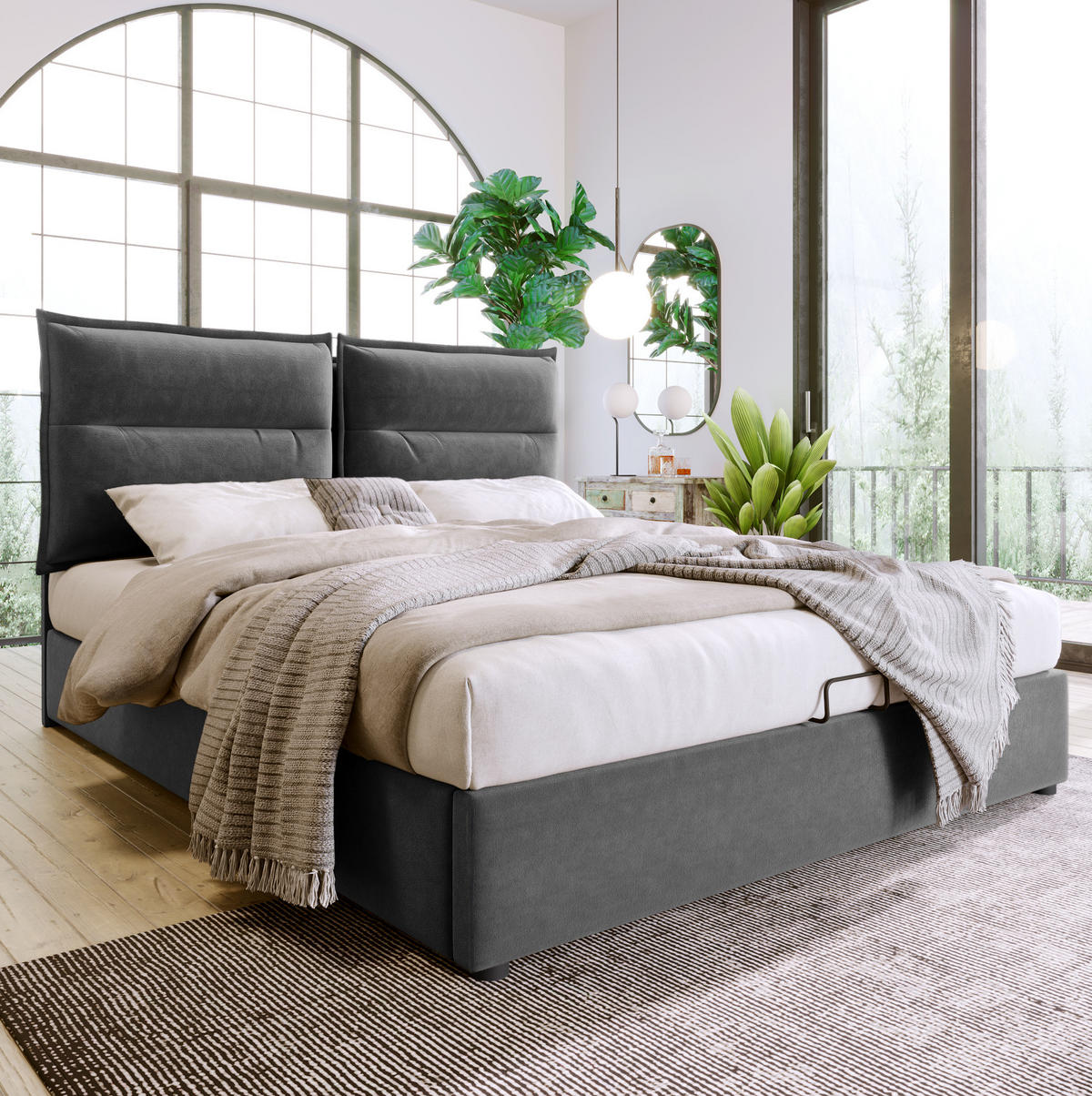 BETT mit Bettkasten und verstellbarem Kopfteil 140x200 cm Samt Grau - Grau, Metall (140/200cm) - Meubliv