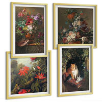 BILDER SET 4er Set - 50x50 cm & 40x60 cm Goldrahmen - Vintage-Blumen, Katzen, Pflanzen - Goldfarben, Kunststoff (50/50cm) - TULUP