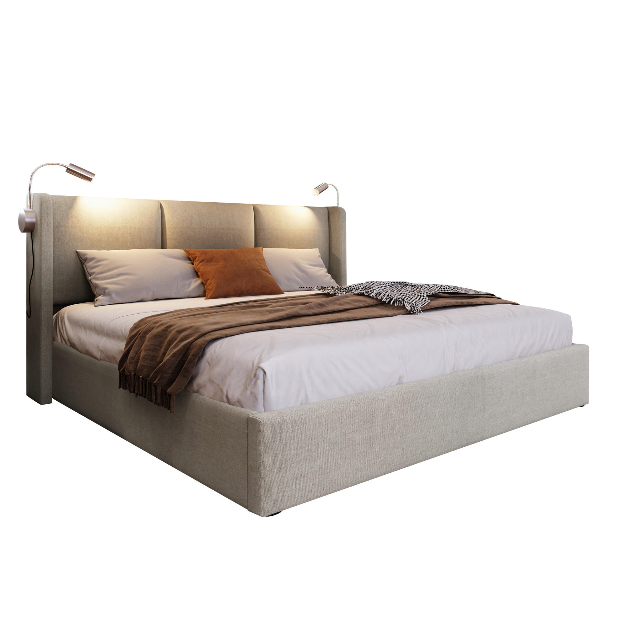 Modfu ČALOUNĚNÁ postel z lnu 160x200 cm béžová s LED lampou, USB nabíjením a úložným prostorem