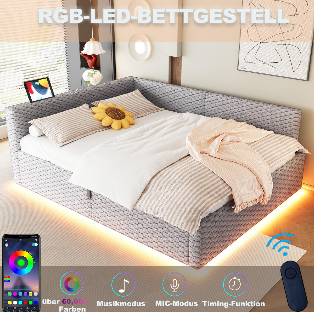 ČALOUNĚNÁ postel 140/200 cm šedá z sametu s LED osvětlením, USB-C a úložným prostorem - šedá, textil (140/200cm) - OKWISH