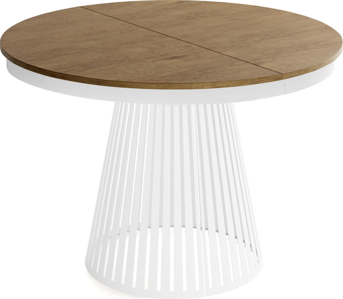 ESSTISCH Naro rund ausziehbar mit Weißem Lamellen-Metallgestell, Braun 120-200/120/76 cm - Alteiche/Weiß, Holzwerkstoff/Metall (120/120/76cm) - WFL GROUP