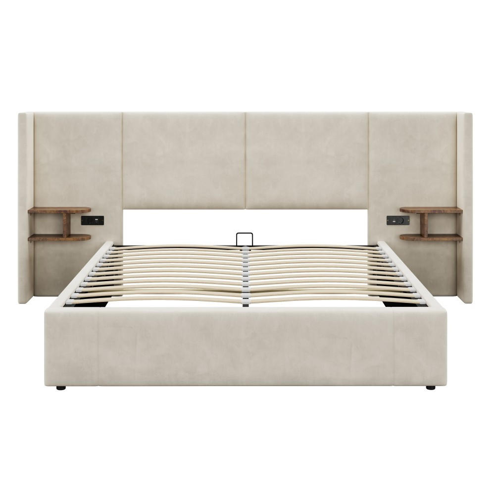 POLSTERBETT 160 x 200 cm in Beige Samt mit USB-Anschluss - Beige, Holz/Textil (160/200cm) - KOMHTOM