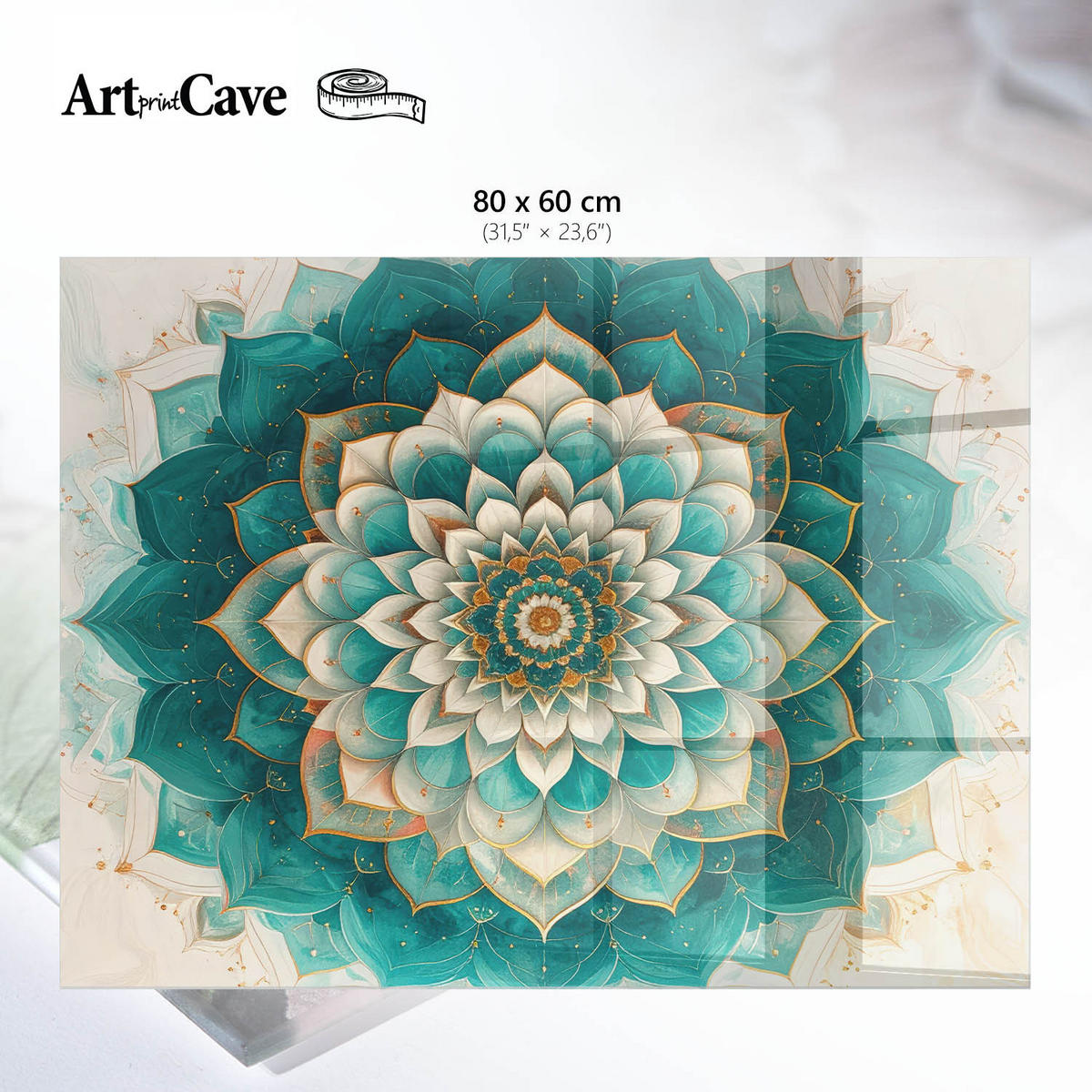 GLASPLATTE 80x60 cm – Symmetrisches Mandala - Türkis, Glas (0.4/80/60cm) - ArtPrintCave