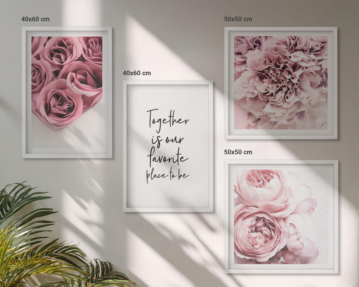 WANDBILDER 4er-Set - 50x50 cm & 40x60 cm Weißer Rahmen - Blumensträuße mit Rosen, Hausinschrift - Weiß, Kunststoff (50/50cm) - ArtPrintCave