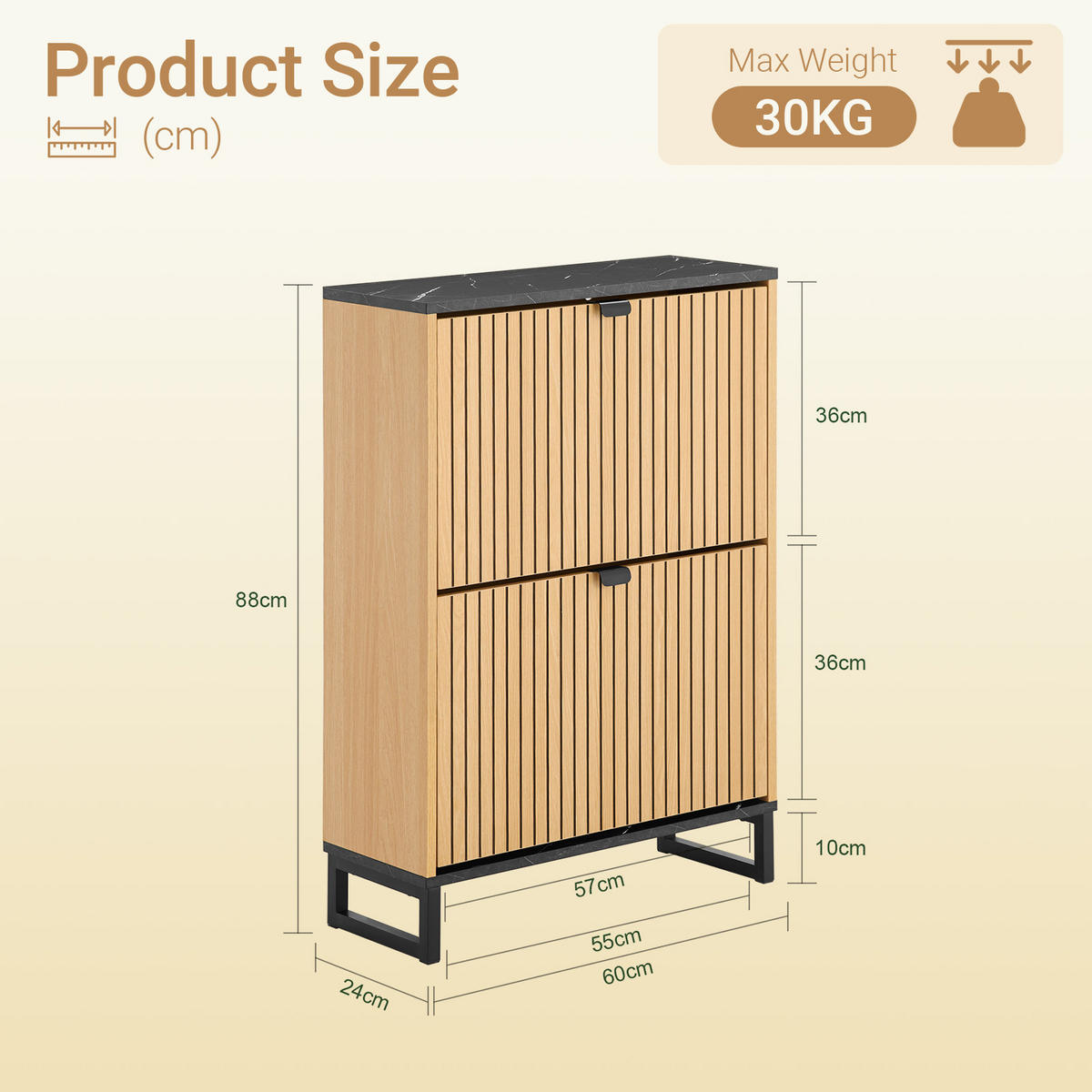 SCHUHSCHRANK Holzoptik & Schwarz mit Marmor - Naturfarben, Holzwerkstoff (60/88/24cm) - SoBuy