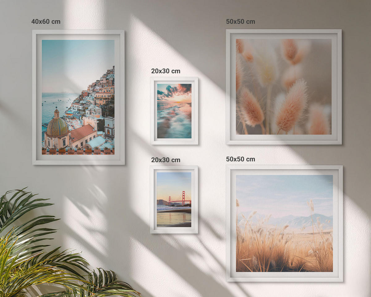 BILDER SET 5er Set - 50x50 cm & 20x30 cm & 40x60 cm Weißer Rahmen - Sonnenuntergang am Meer, Häuser, Blumen - Weiß, Kunststoff (40/60cm) - TULUP