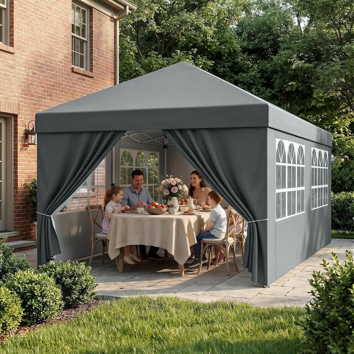 GARTENPAVILLON 3 x 6 m Grau Wasserdicht UV-Schutz 50+ mit 4 Seitenteilen - Grau, Textil (300/265/600cm)