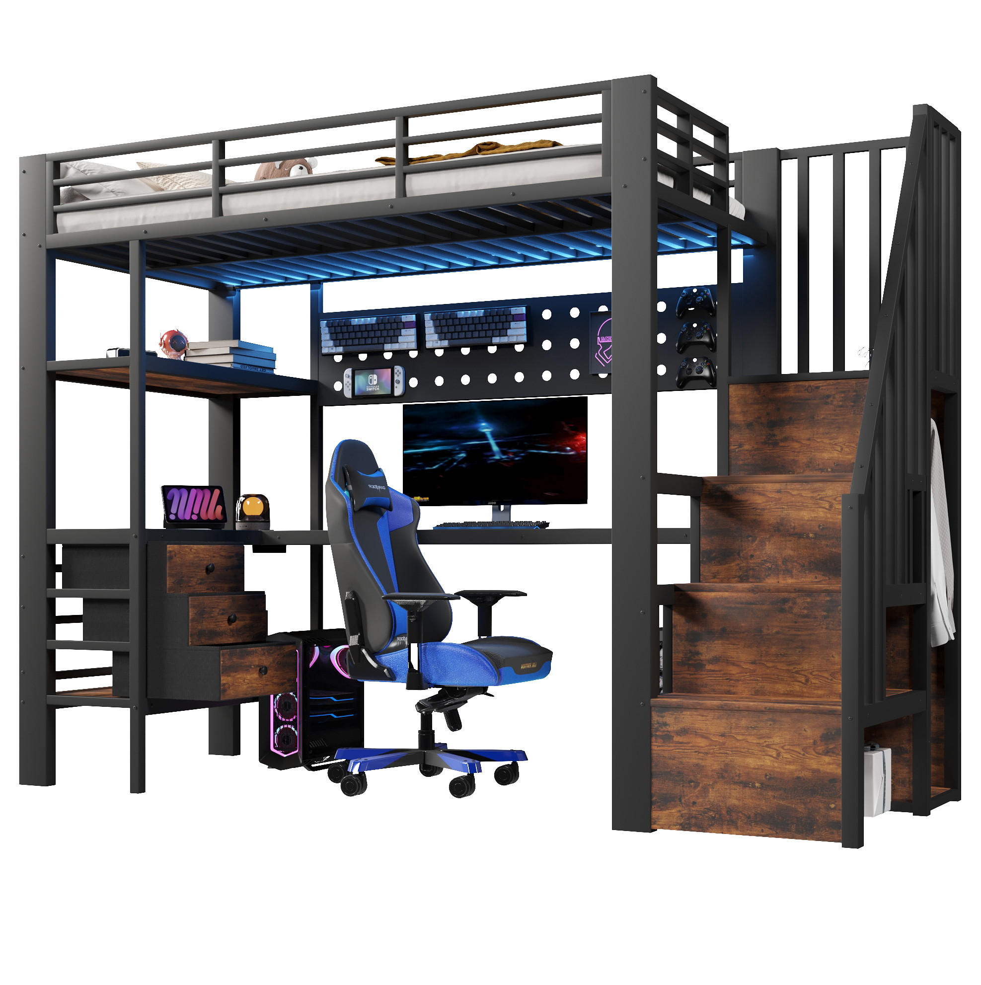 HOCHBETT 90/200 cm aus Metall und MDF mit Schreibtisch, Stauraum und LED Schwarz - Schwarz, Holzwerkstoff (90/200cm) - Modenvie