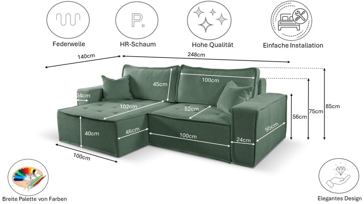 ECKSOFA Bohoo Mit Schlaffunktion Hellgrün Links - Hellgrün, Holz (140/248cm) - Kaiser Möbel