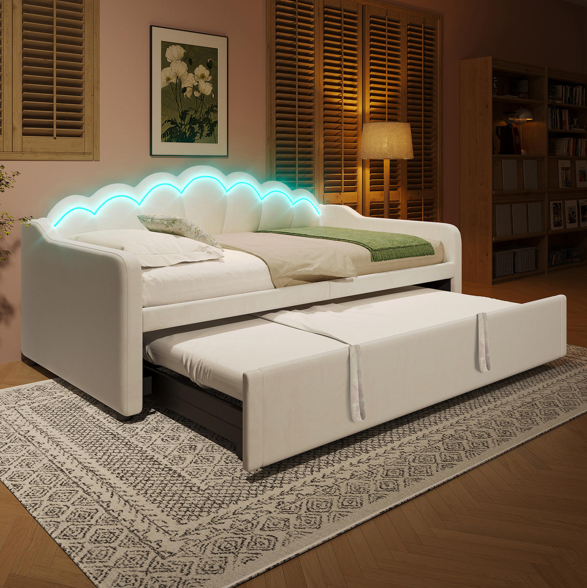 ROZKLADACIA posteľ 90/200 cm béžová zo zamatu s výsuvným lôžkom a farebným LED osvetlením - béžová, textil (90/200cm) - OKWISH