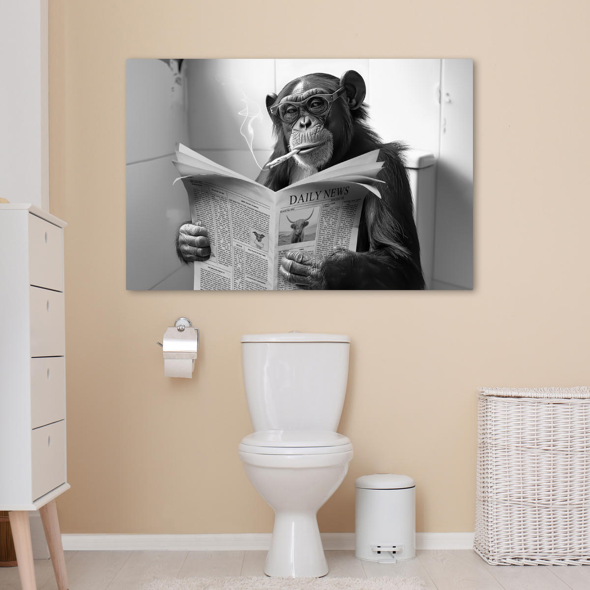 LEINWANDBILD Affe - WC - Zeitung - Schwarz-Weiß - Humor Wohnzimmer 120x80 cm - Hellgrau, Textil (120/80cm) - MuchoWow