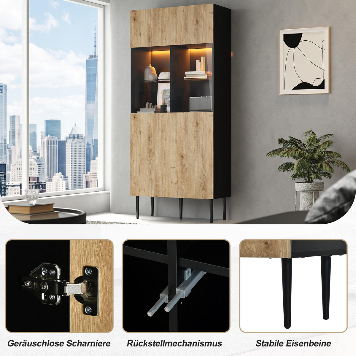VITRINE LED Hochschrank Glas 10 Fächer Holz Schwarz 180cm - Multicolor, Holzwerkstoff (80/180/35cm) - FLIEKS