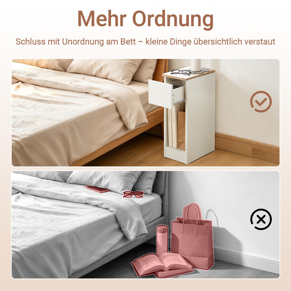 NACHTTISCH 2er-Set, 20 cm schmal, Weiß-Natur mit hellholzfarbener Platte, 20x35x60 cm - Weiß, Holzwerkstoff (20/60/35cm) - SoBuy