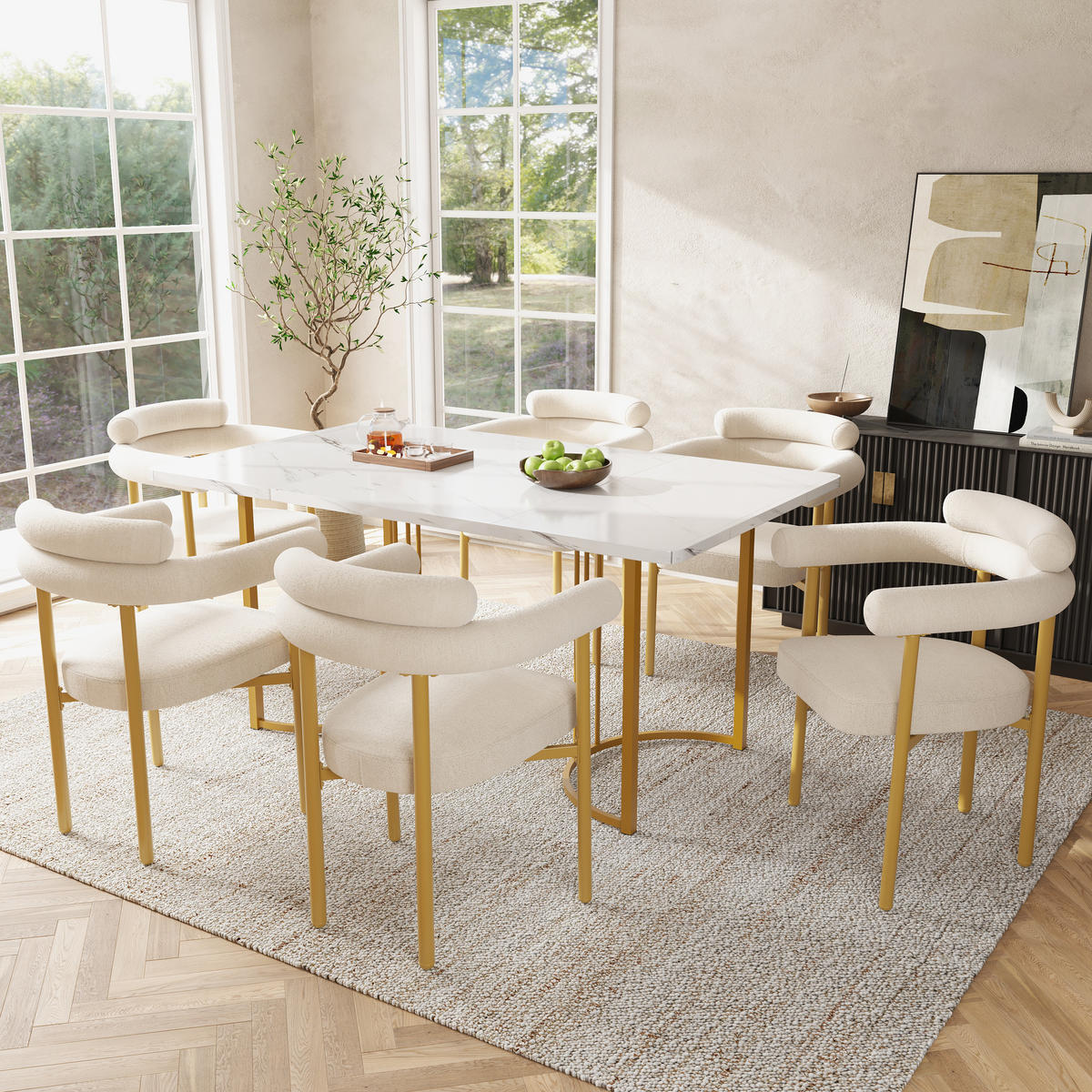ESSTISCHSET 7-Teilig Mit Metallbeinen, 6 Creme Wildledersessel, Gold - Multicolor, Metall (140/75/80cm) - FLIEKS