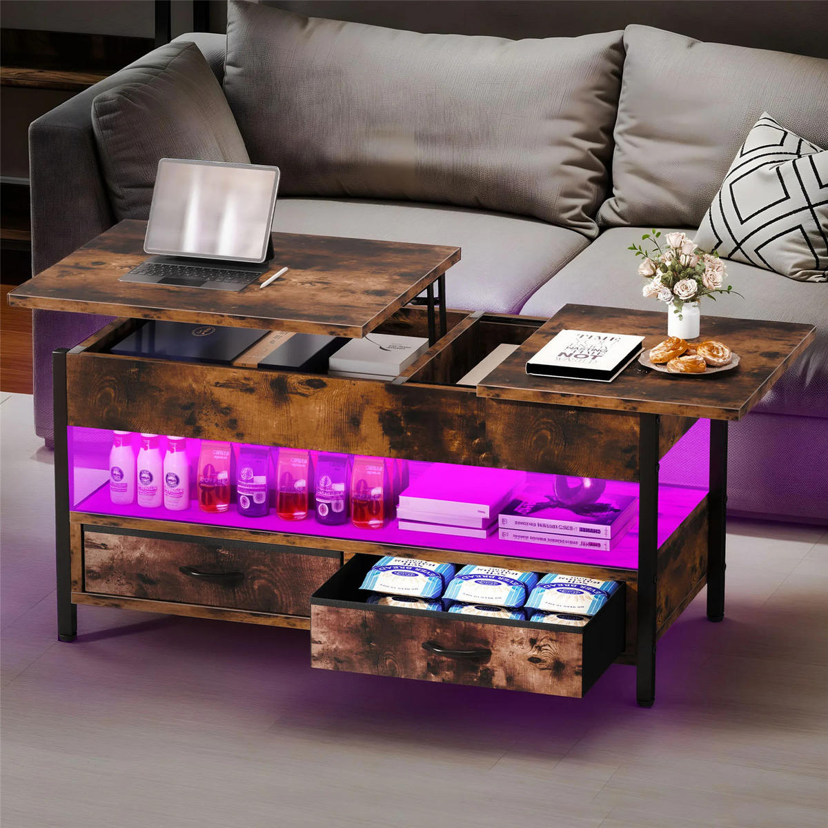 COUCHTISCH Lift-Top Holz LED RGB 2 Schubladen - Braun, Holz (106/50/51.5cm) - Kaket