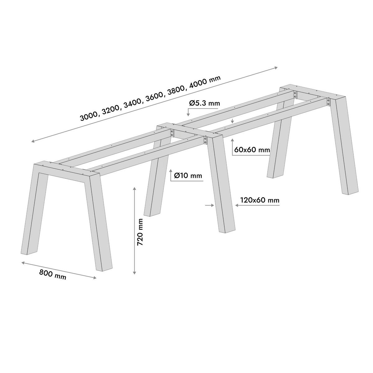 TISCHBEINE Thusia Extreme Long Metall Schwarz 300/80/72 cm - Schwarz, Metall (80/72/300cm) - Metalo Pro