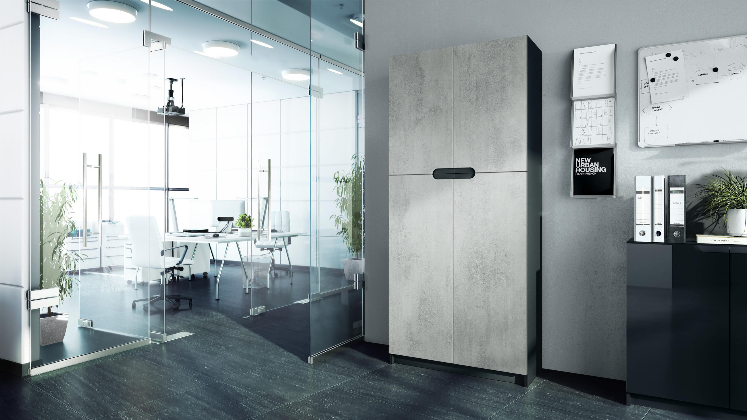 BÜROSCHRANK Logan Fronten in Beton Oxid Optik - Hellgrau, Holzwerkstoff (82/185/37cm) - Vladon