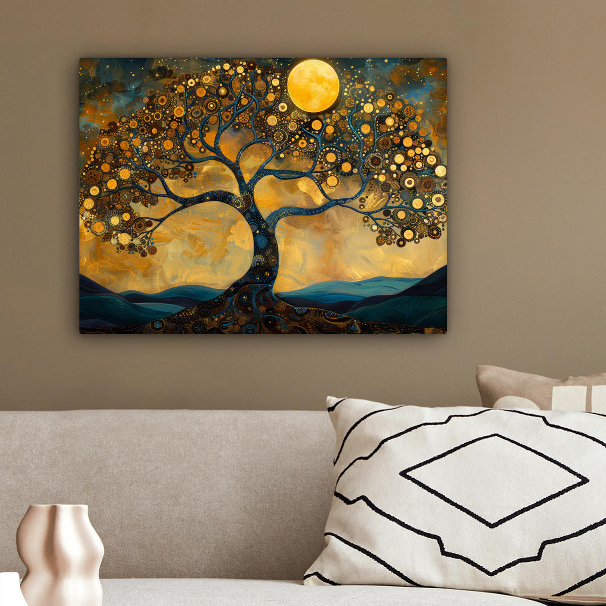 LEINWANDBILD Baum - Mond - Blumen - Gold - Kunst 40x30 cm - Orange, Textil (40/30cm) - MuchoWow