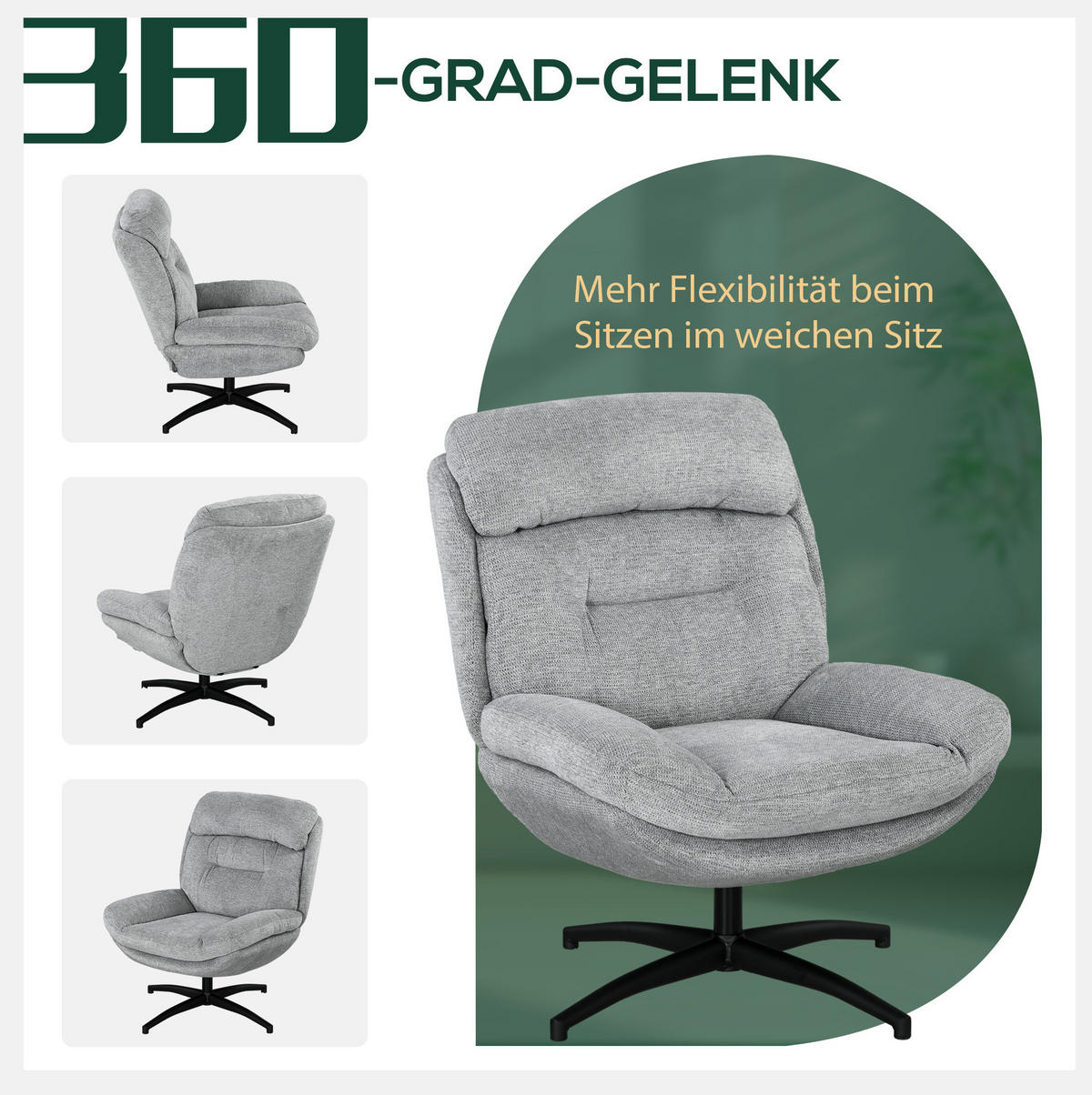 DREHSESSEL Chenille-Bezug mit integrierten Armlehnen 79/91/98 cm Grau - Grau, Textil (91/98/79cm) - Redom