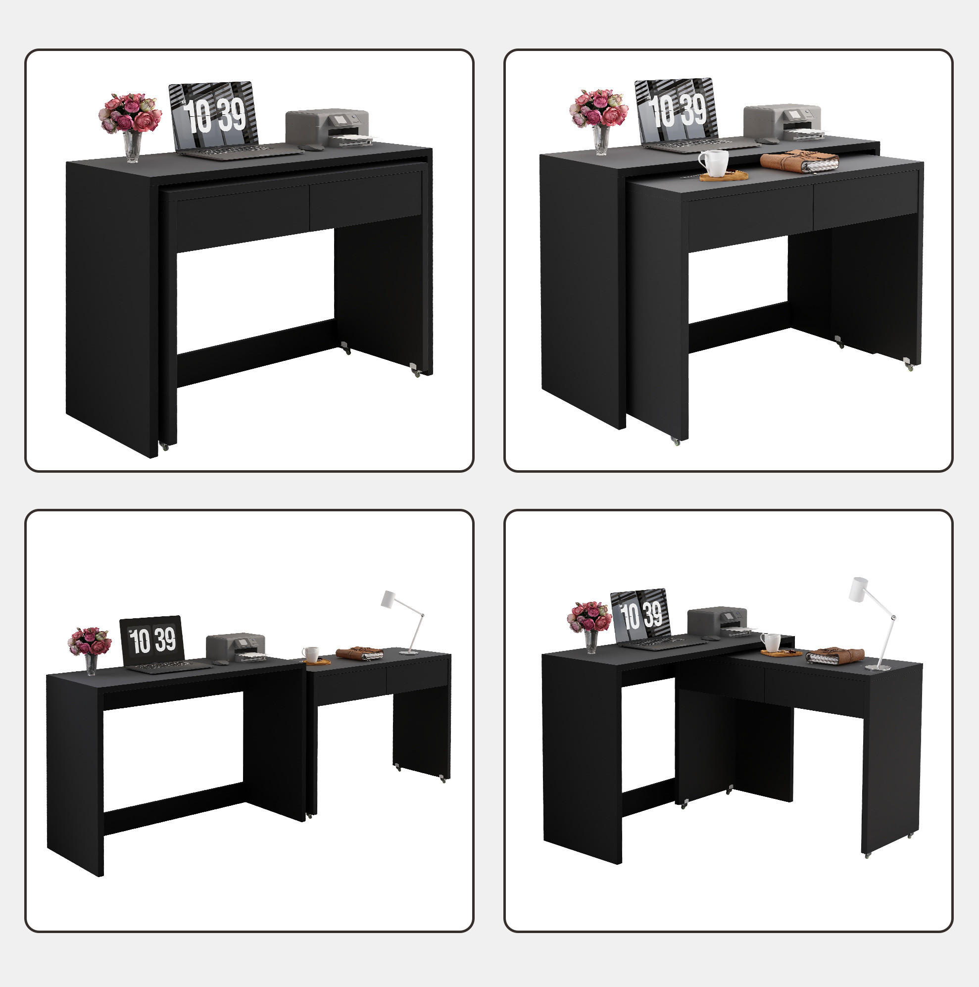 SCHREIBTISCH 2-in-1 ausziehbar 110x40x78 cm Schwarz mit Rollen - Schwarz, Holz (110/40/78cm) - Meubliv