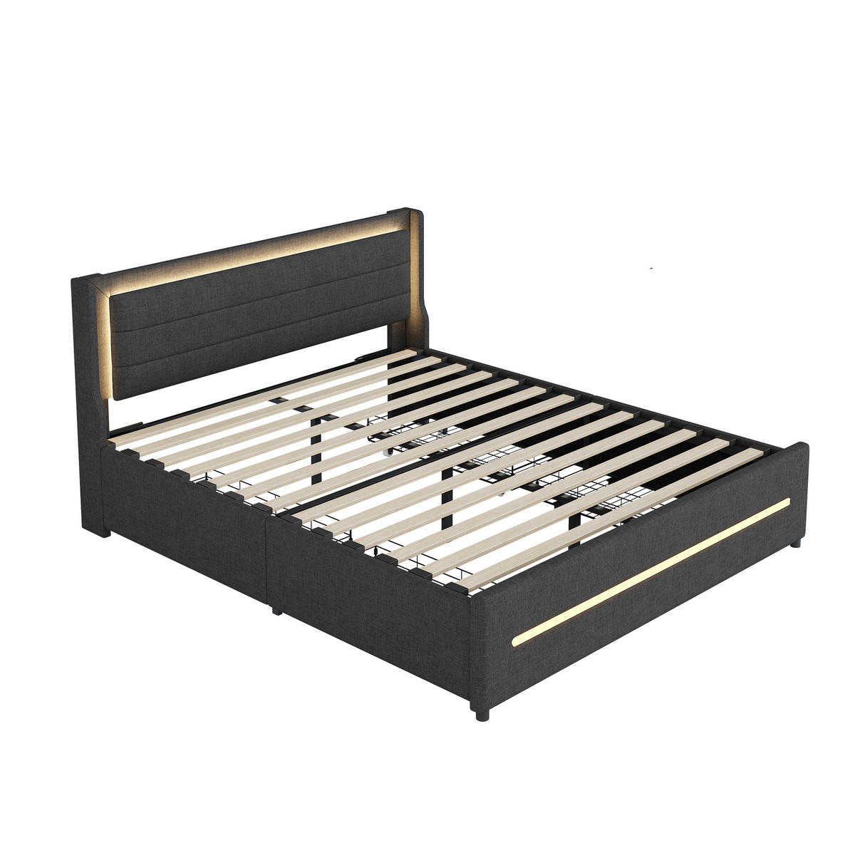 POLSTERBETT 160/200 cm DE-01937, in Grau, mit LED-Beleuchtung und 4 Schubladen - Grau, Metall (160/200cm) - ComfortXL