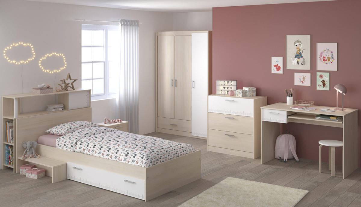 JUGENDZIMMER Set 6-tlg Kleiderschrank Schreibtisch Bett 90x200 - Silberfarben/Weiß, Holz/Holzwerkstoff (90/179/200cm) - Parisot Meuble