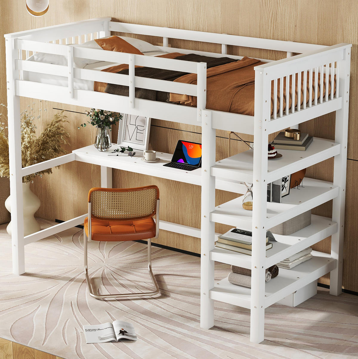 HOCHBETT 90/200 cm Weiß mit Schreibtisch und Ablagefächern - Weiß, Holzwerkstoff (90/200cm) - Flora Grace