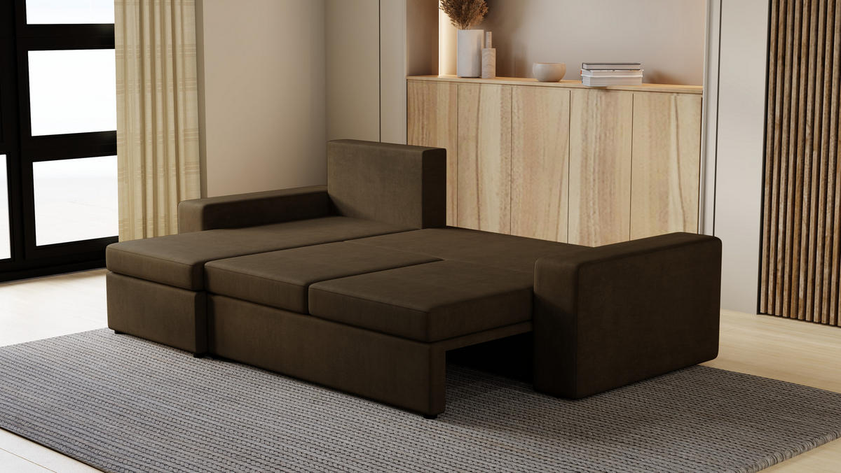 ECKSOFA Paco mit Bettkasten und Schlaffunktion, L-Form/XL-Form, Velourstoff, Universal - Braun, Holzwerkstoff (246/145cm) - 4ALL HOME