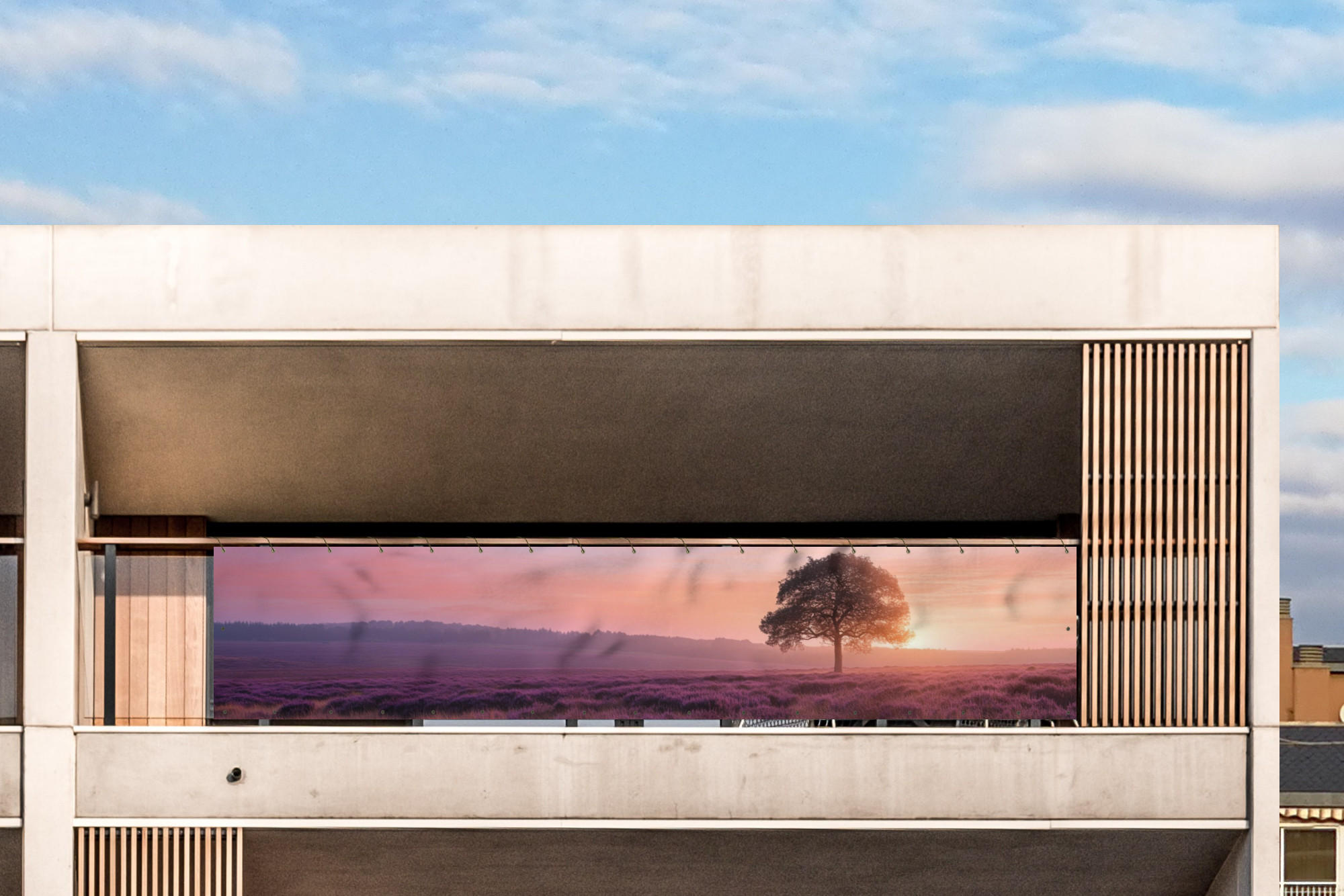 BALKON-SICHTSCHUTZ Baum - Heidekraut - Sonnenaufgang - Flieder, Kunststoff (500/110cm) - MuchoWow