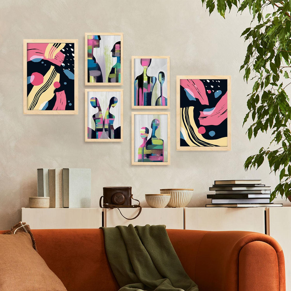 POSTER Set Mit 6 Verhaltensmodi In Liebhaber Abstrakt Ästhetische Dekorative Gemälde Für Ihr Wohnzimmer Zuhause A3 & A4 Rahmen Aus Hellem Holz - Beige, Papier (29/3cm) - Nacnic