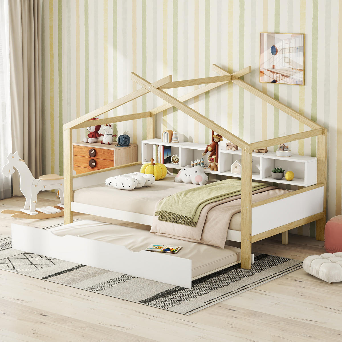 HAUSBETT 140/200 cm DE-04750, mit Ausziehbett und vier Staufächern in Weiß - Weiß/Naturfarben, Holz/Holzwerkstoff (140/200cm) - ComfortXL