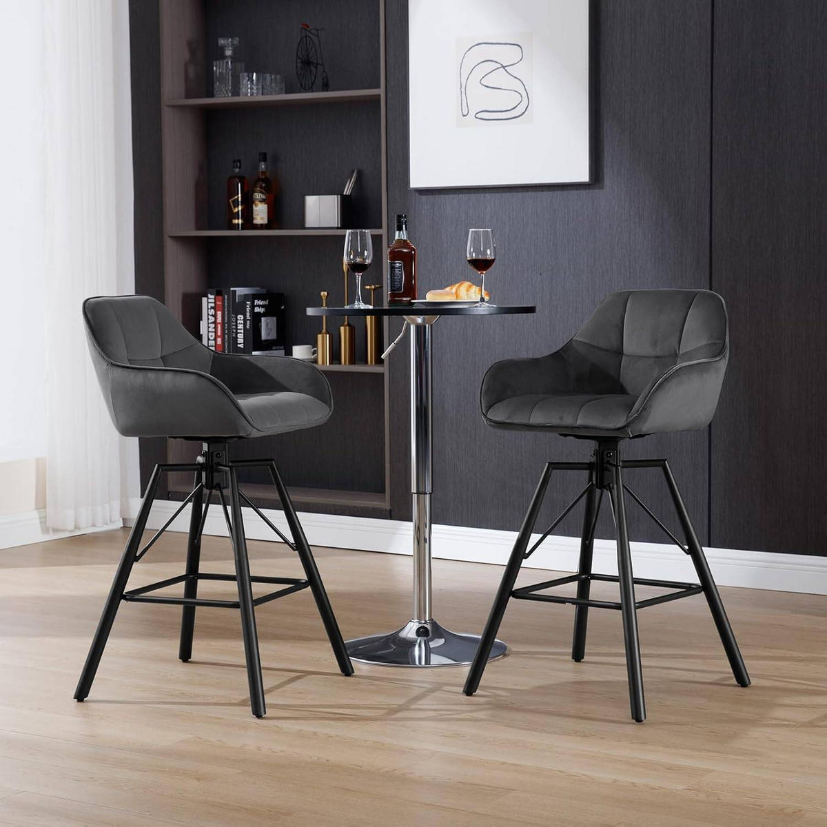 BARHOCKER 4er Set, Samt, Metall, Dunkelgrau - Dunkelgrau/Schwarz, Textil/Metall (51/94.5/53cm) - Woltu