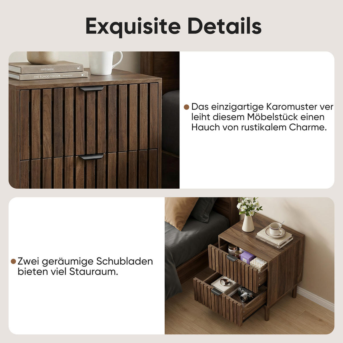 NACHTTISCH aus MDF und Holzwerkstoff 45x39x56,5 cm Walnuss mit 2 Schubladen und offenem Fach im Lattenrost-Design - Walnussfarben, Holzwerkstoff (45/56.5/39cm) - Modfu