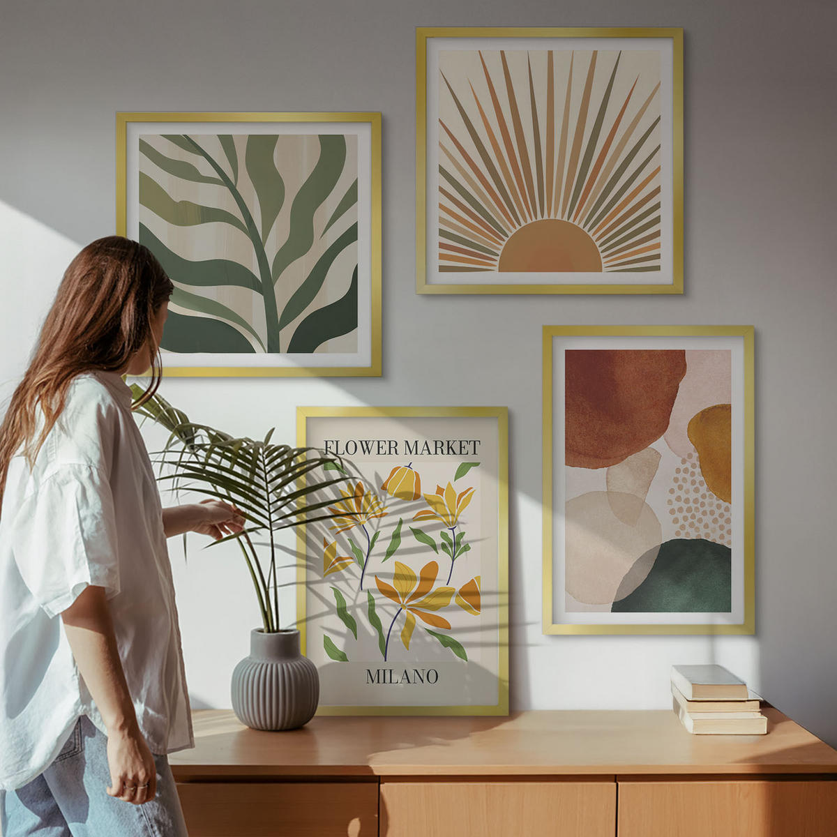BILDER SET 4er Set - 50x50 cm & 40x60 cm Goldrahmen - Abstrakte Blumenmotive - Goldfarben, Kunststoff (50/50cm) - TULUP