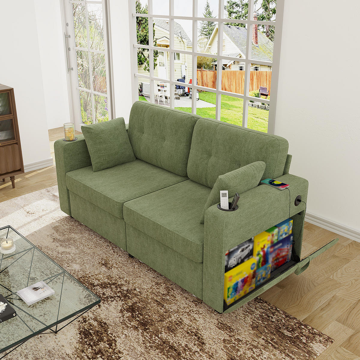 2-SITZER SOFA Chenille Olive mit USB und Stauraumschubladen - Olivgrün, Textil/Metall (172/82/75cm) - WISHDOR