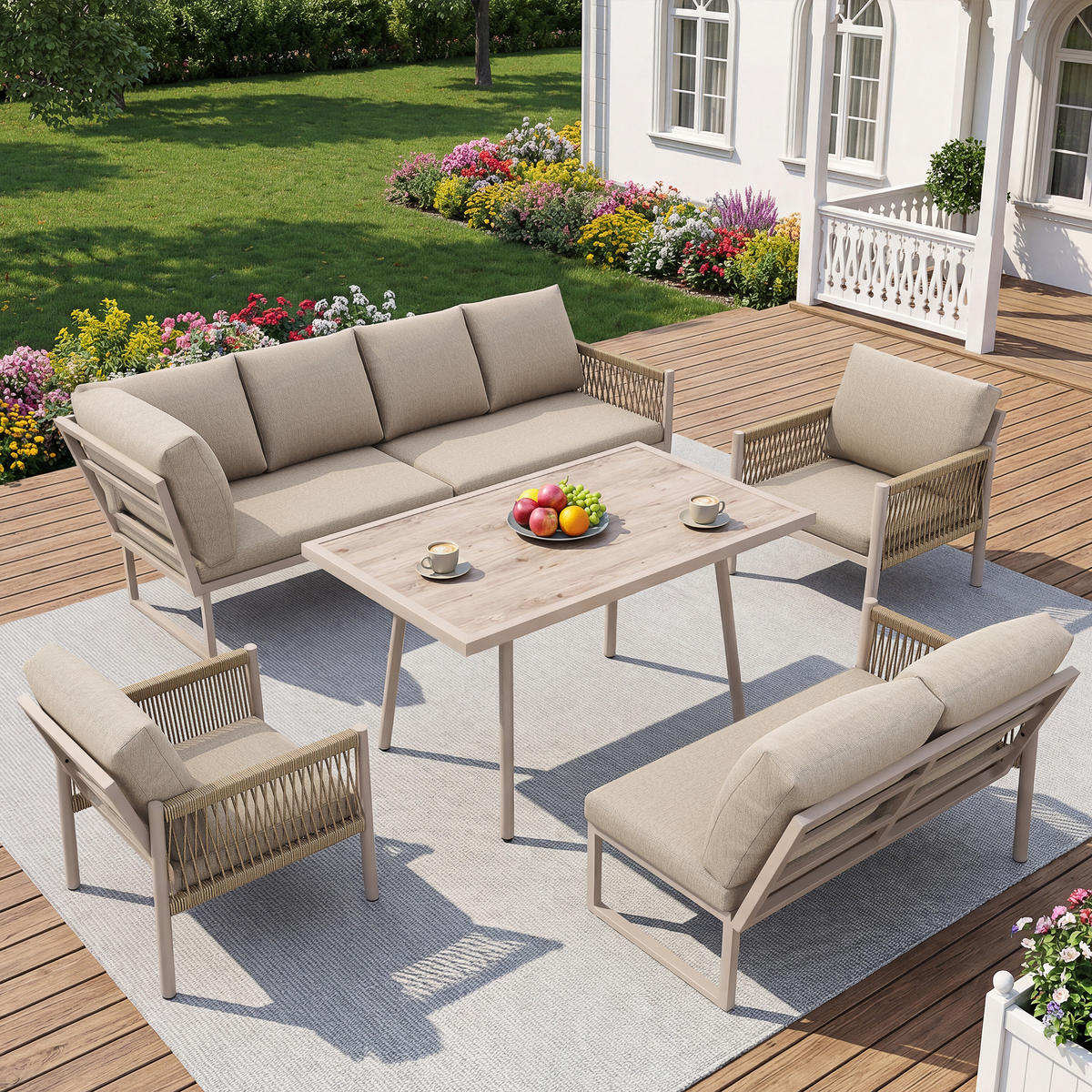 GARTENLOUNGE Beige 7-8 Personen L-Form Sofa Tisch 2 Sessel - Beige, Metall - FLIEKS