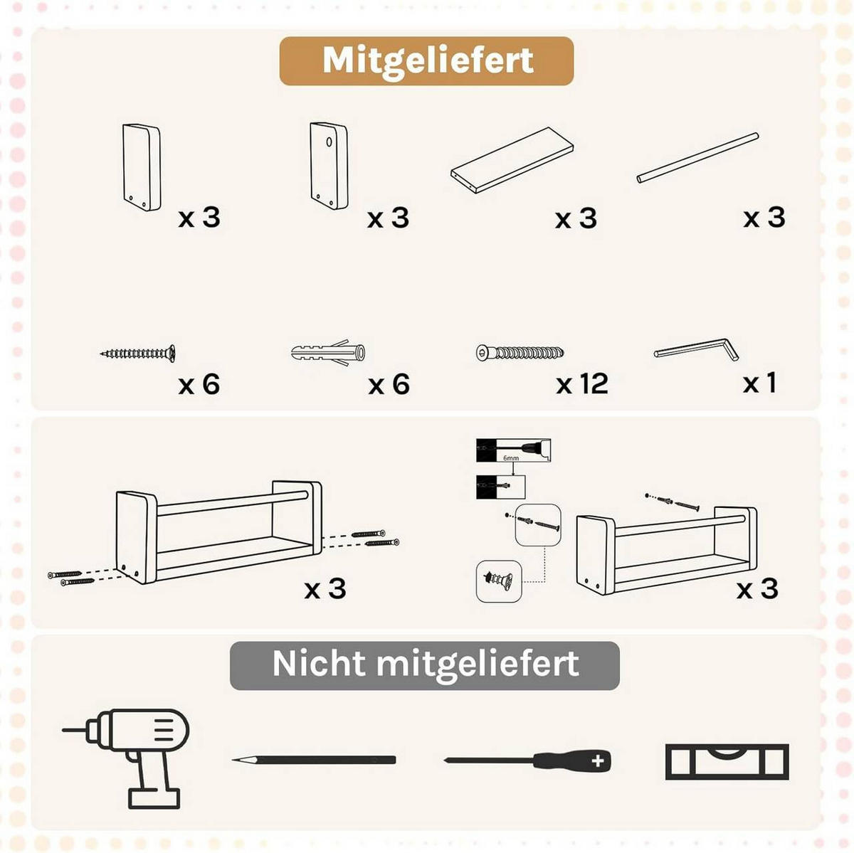 WANDREGAL 3er Set, mit Metallstange, Weiß - Weiß, Holzwerkstoff/Metall (40/10/12cm) - Woltu