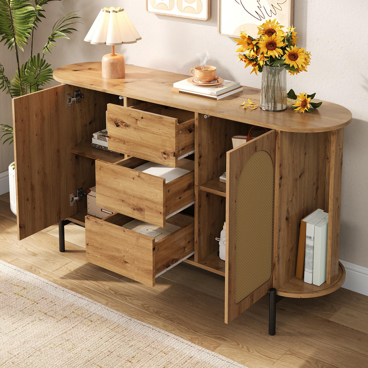 SIDEBOARD oval Rattan Holzoptik - Naturfarben, Holzwerkstoff (140/77.5/38cm)