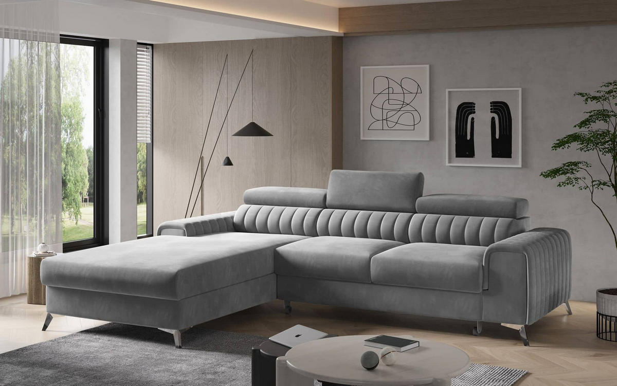 ECKSOFA mit Schlaffunktion und Bettkasten - Chromfarben/Dunkelgrau, Textil/Metall (278/205cm) - Eltap
