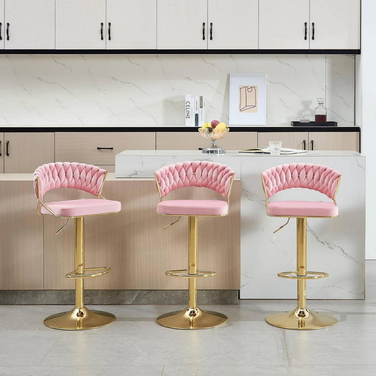 BARHOCKER 4er Set, mit geflochtener Rückenlehne, Samt, Rosa - Goldfarben/Rosa, Textil/Metall (48/83/46.5cm) - Woltu