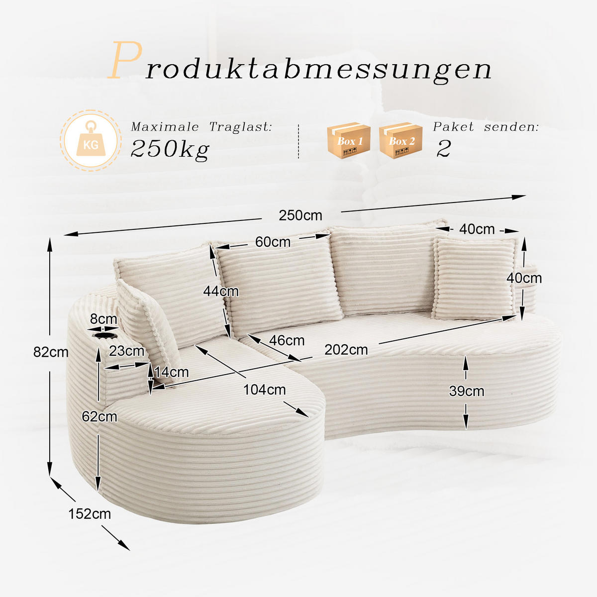 ECKSOFA 250/152/82 cm Beige mit Becherhalter und Stautasche - Beige, Textil (250/152cm) - Oxeza