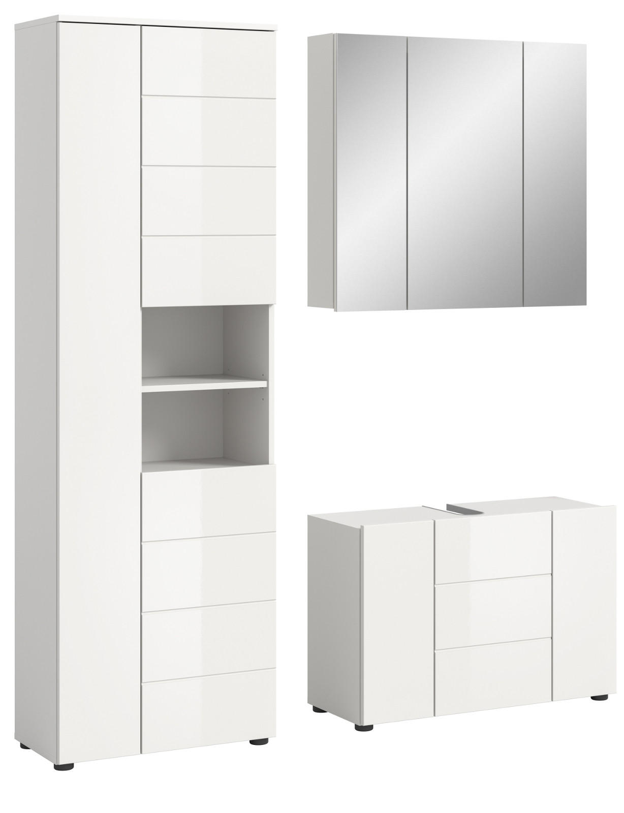 BADEZIMMER-SET 3-teilig weiß Hochglanz 157 x 190 cm, Badmöbel mit viel Stauraum - Weiß Hochglanz/Schwarz, Glas/Holzwerkstoff (157/190/34cm) - Inn.Furn